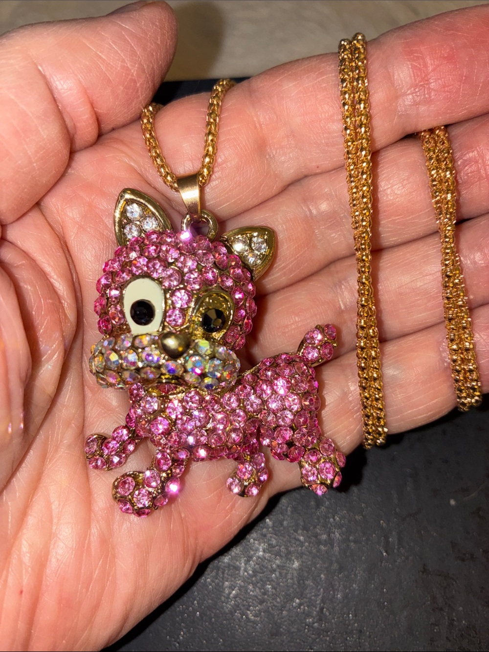 Pink Crystal Cat Pendant Necklace with Moveable Tail and ears